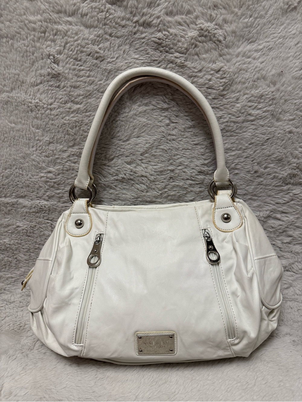 Nine West White Leather Shoulder Bag with Silver Hardware